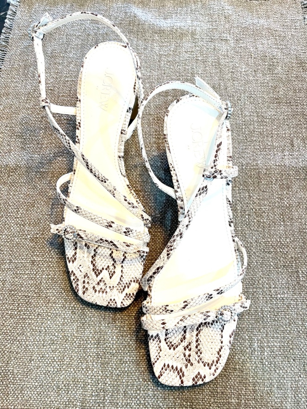 J. Crew White Snake-Print Strappy Heels
